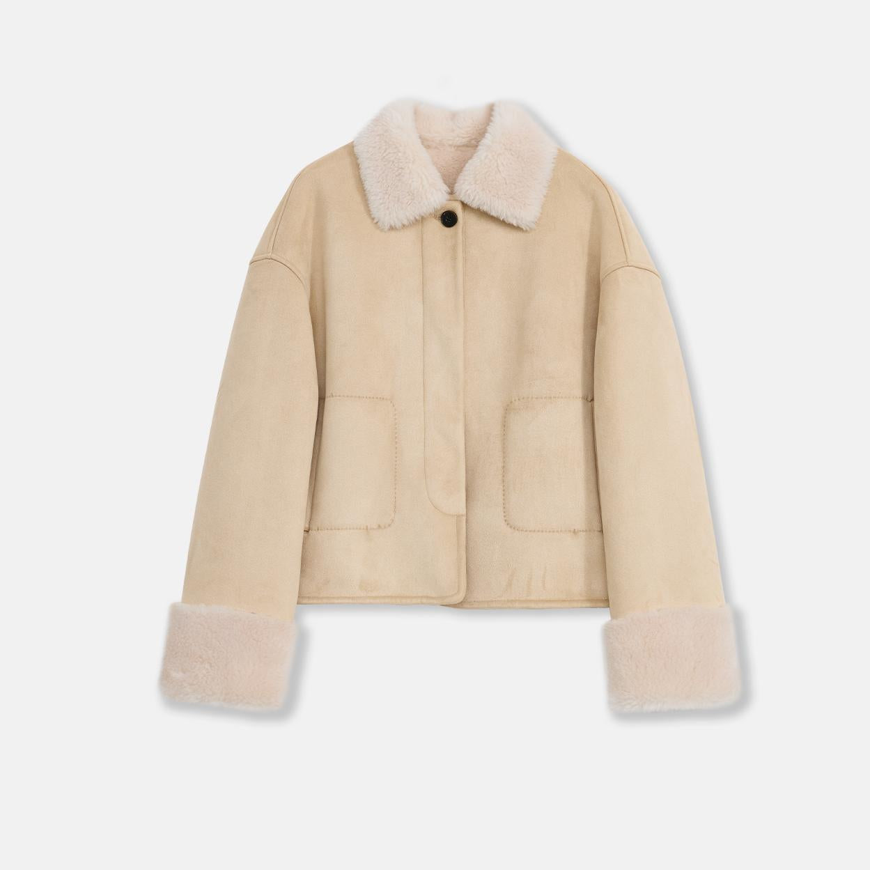 "Slightly Sweet Latte" Furry Lapel Wool Artificial Compound Suede Casual Straight Shearling Jacket-1