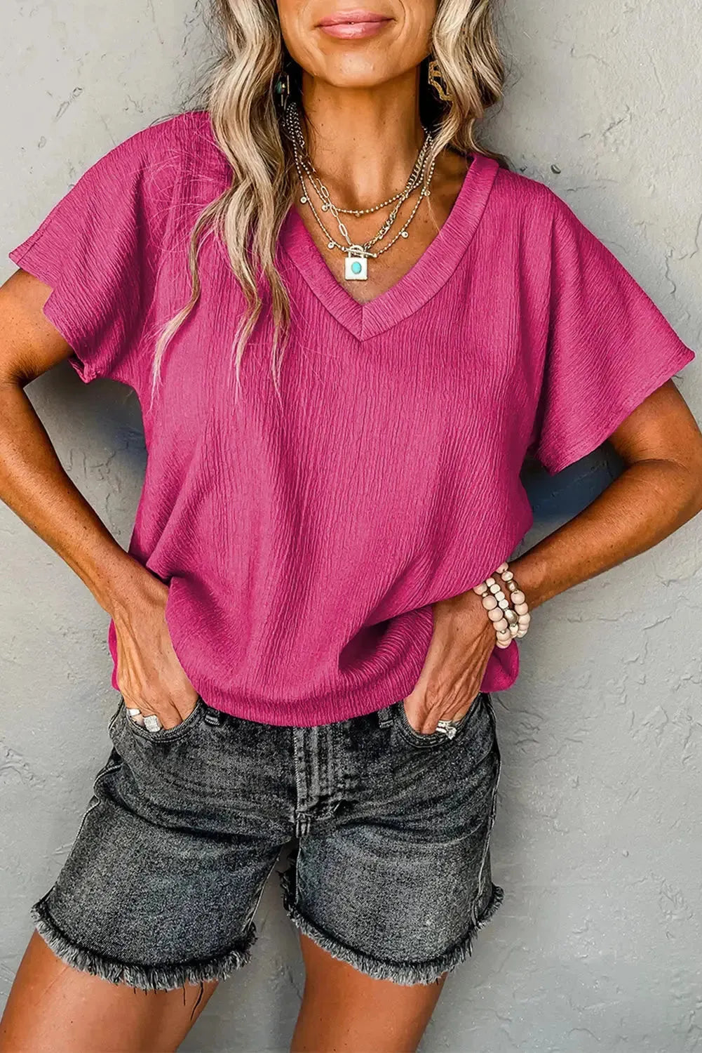 Crinkled V-Neck Wide Sleeve T-shirt-0