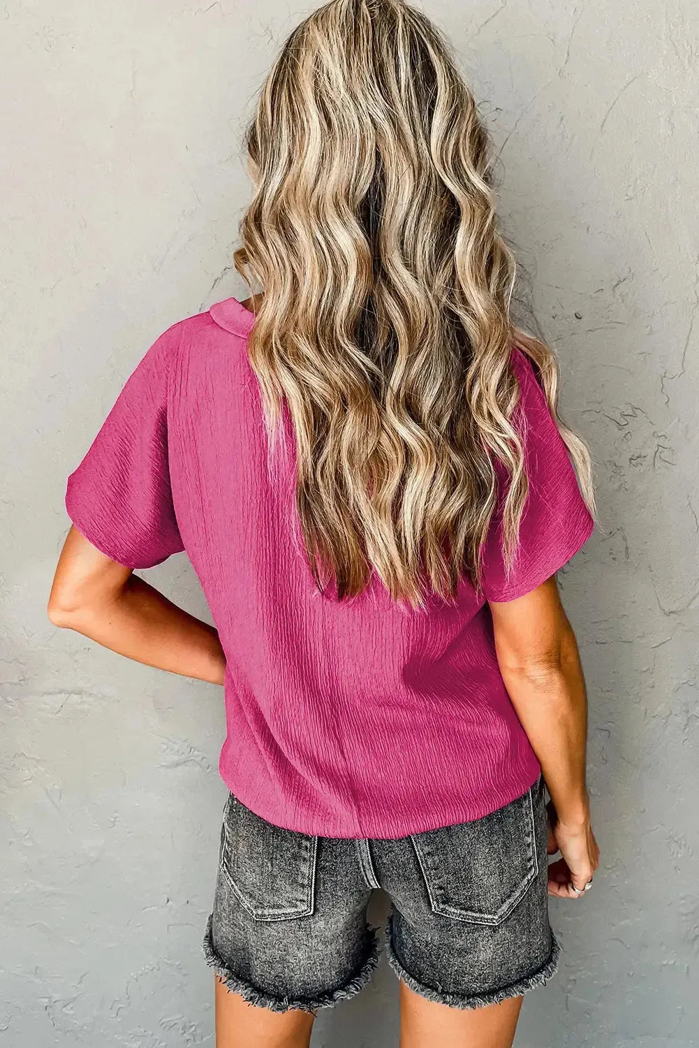Crinkled V-Neck Wide Sleeve T-shirt-1