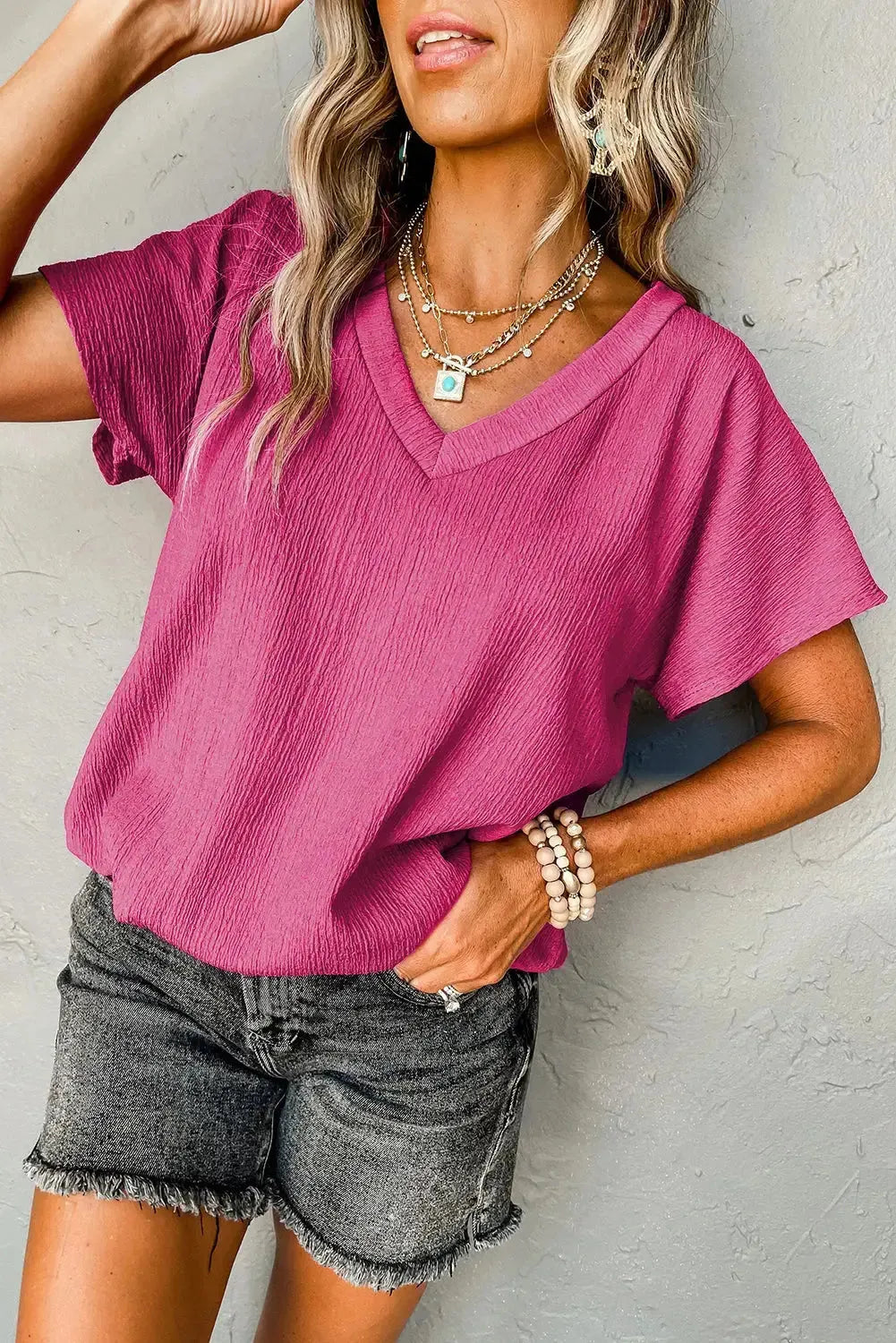 Crinkled V-Neck Wide Sleeve T-shirt-2