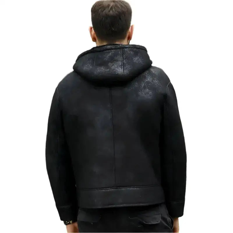 Men’s Hooded Black B3 Shearling Winter Jacket-4