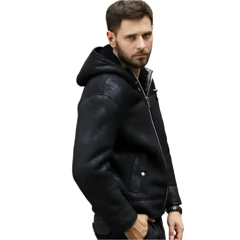 Men’s Hooded Black B3 Shearling Winter Jacket-3