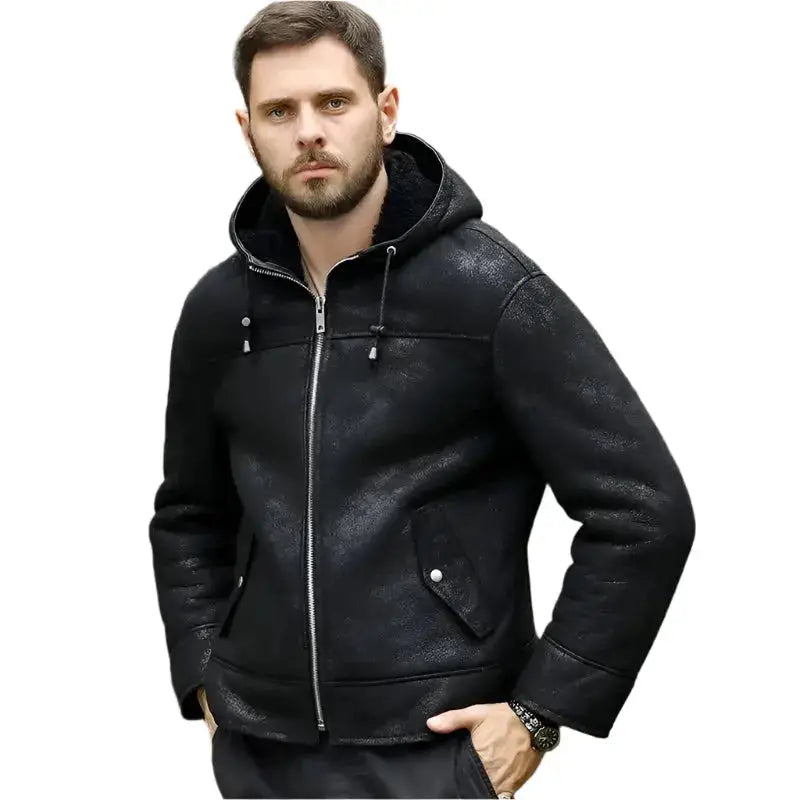 Men’s Hooded Black B3 Shearling Winter Jacket-0