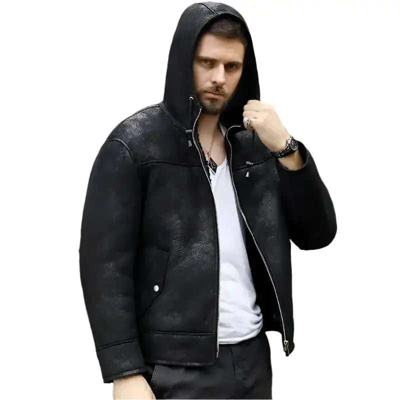 Men’s Hooded Black B3 Shearling Winter Jacket-1
