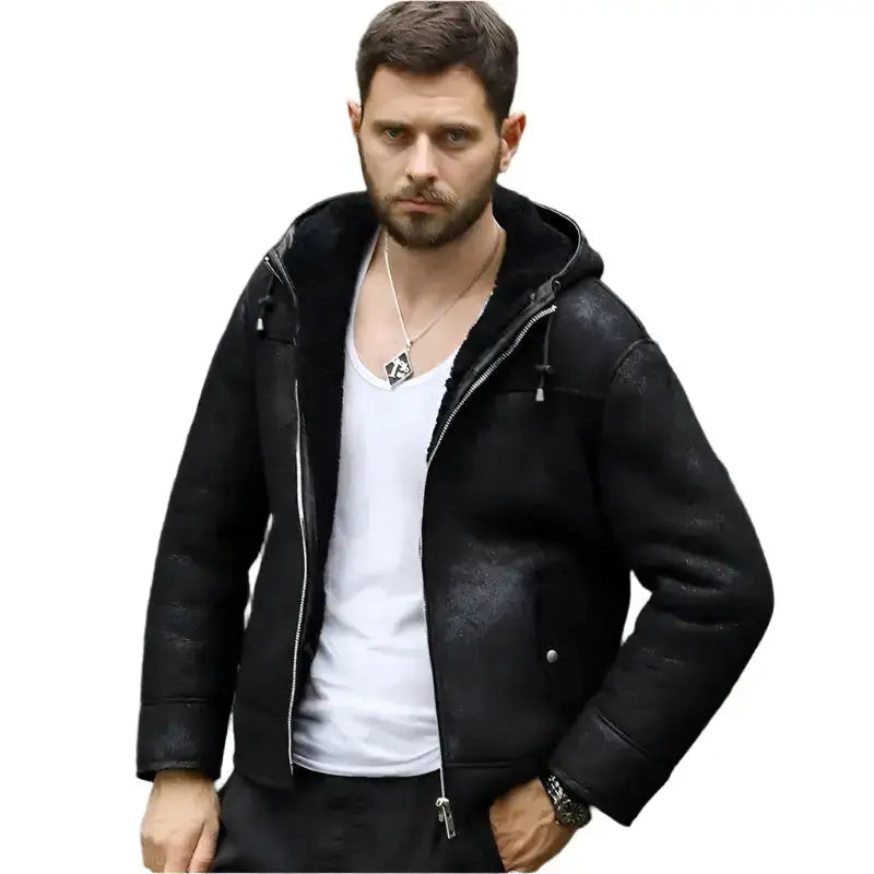 Men’s Hooded Black B3 Shearling Winter Jacket-2