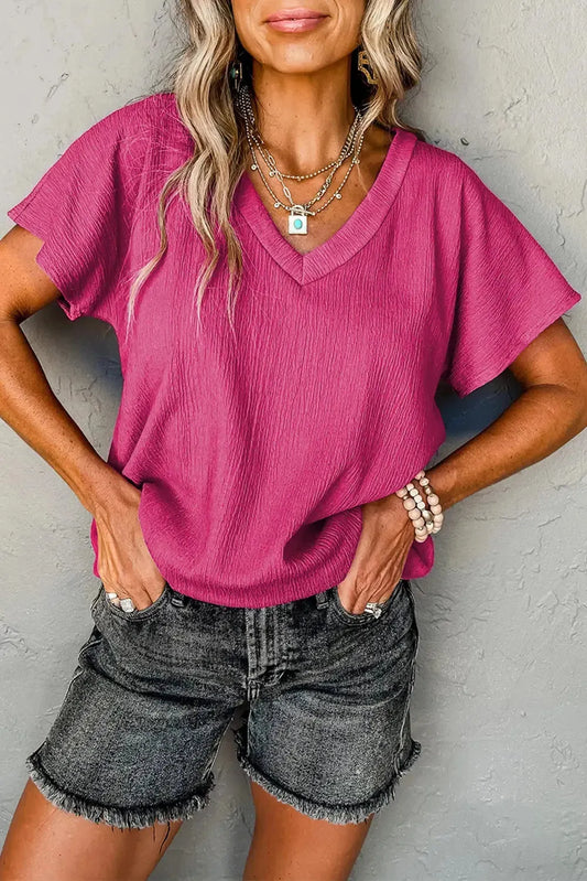 Crinkled V-Neck Wide Sleeve T-shirt-0