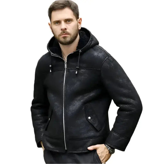 Men’s Hooded Black B3 Shearling Winter Jacket-0